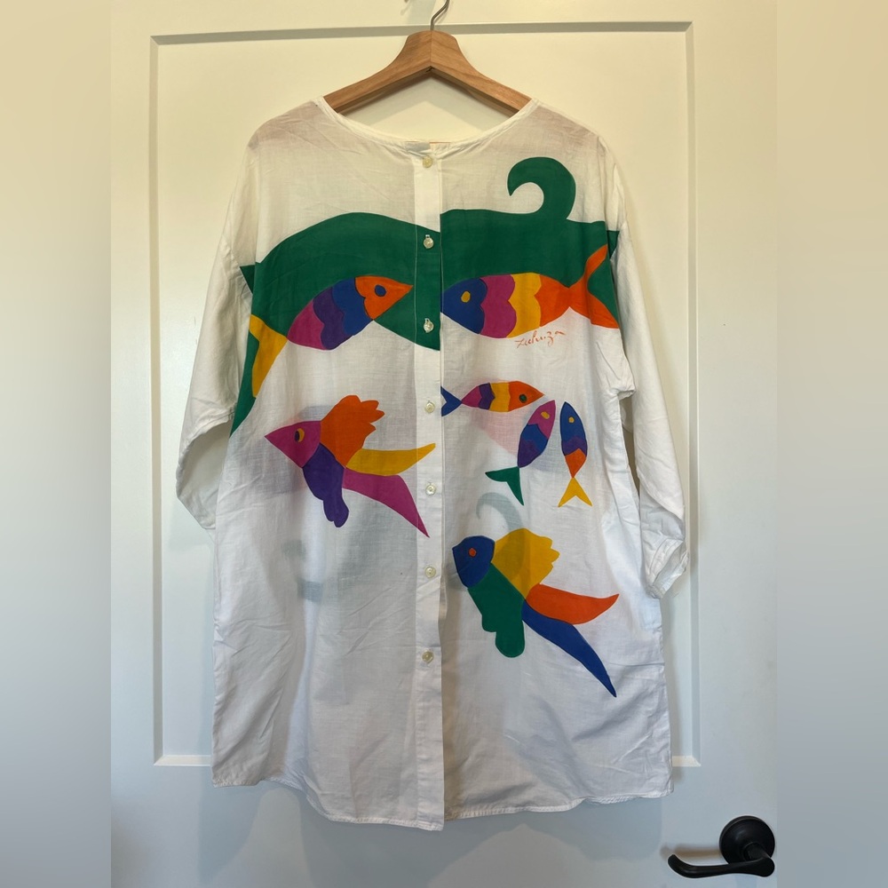 Vtg 70s Lechuza for the Tropics hand painted fish print boho Lagenlook tunic top